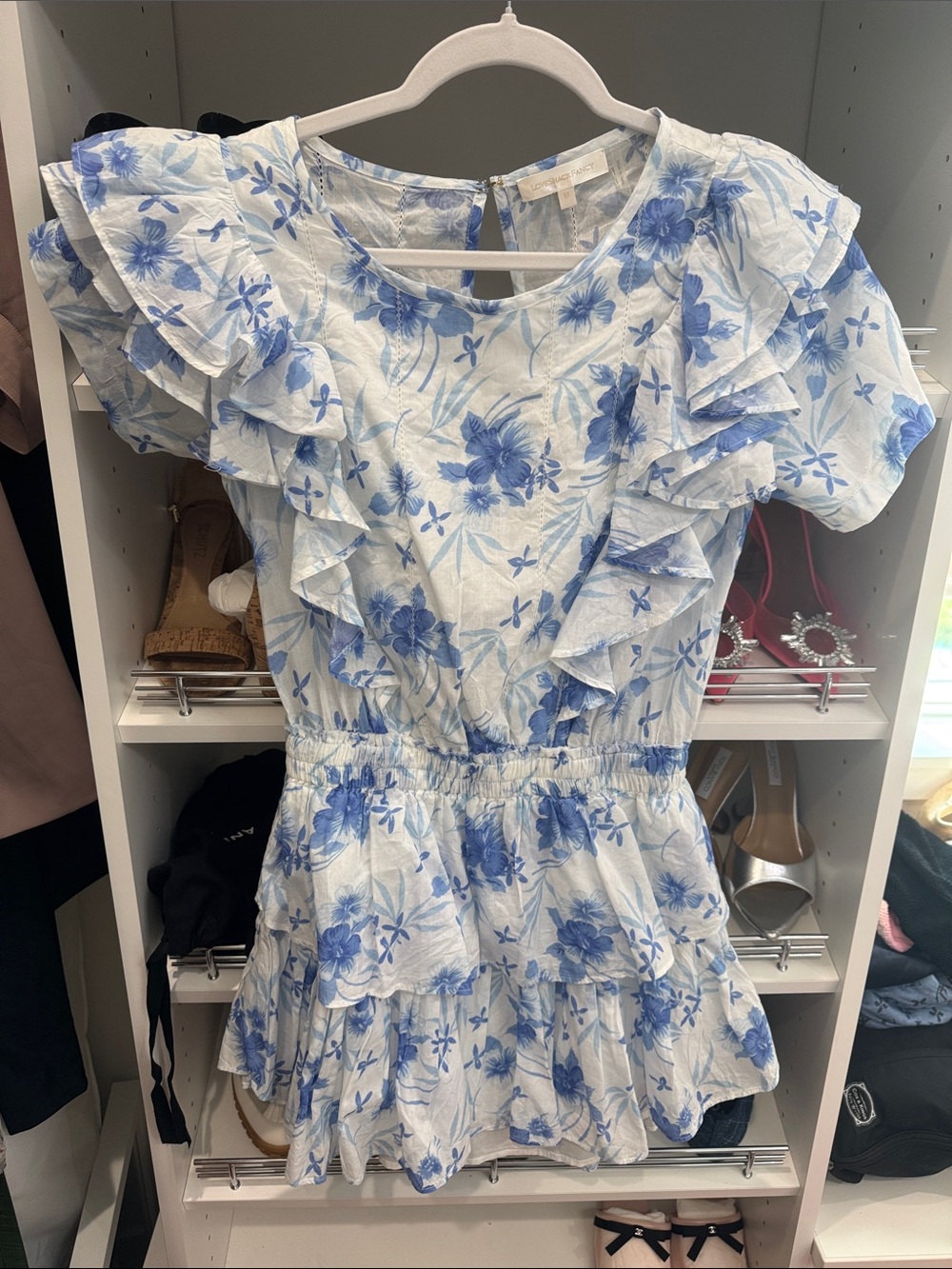 LoveShackFancy White and Blue Floral Ruffle Mini Dress